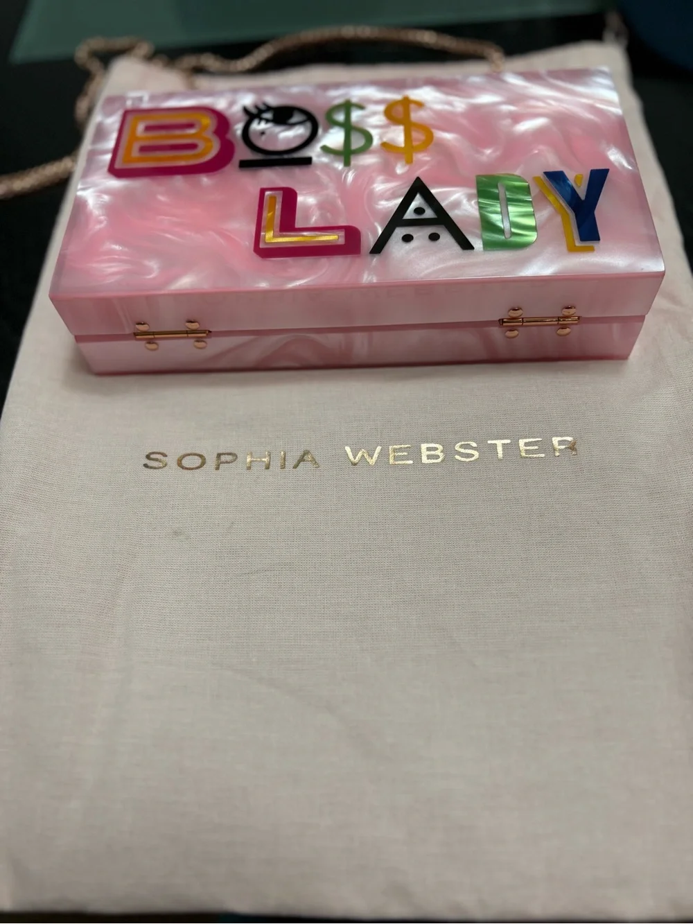 Sophia Webster Pink Acrylic 'Boss Lady' Clutch with Rose Gold Chain